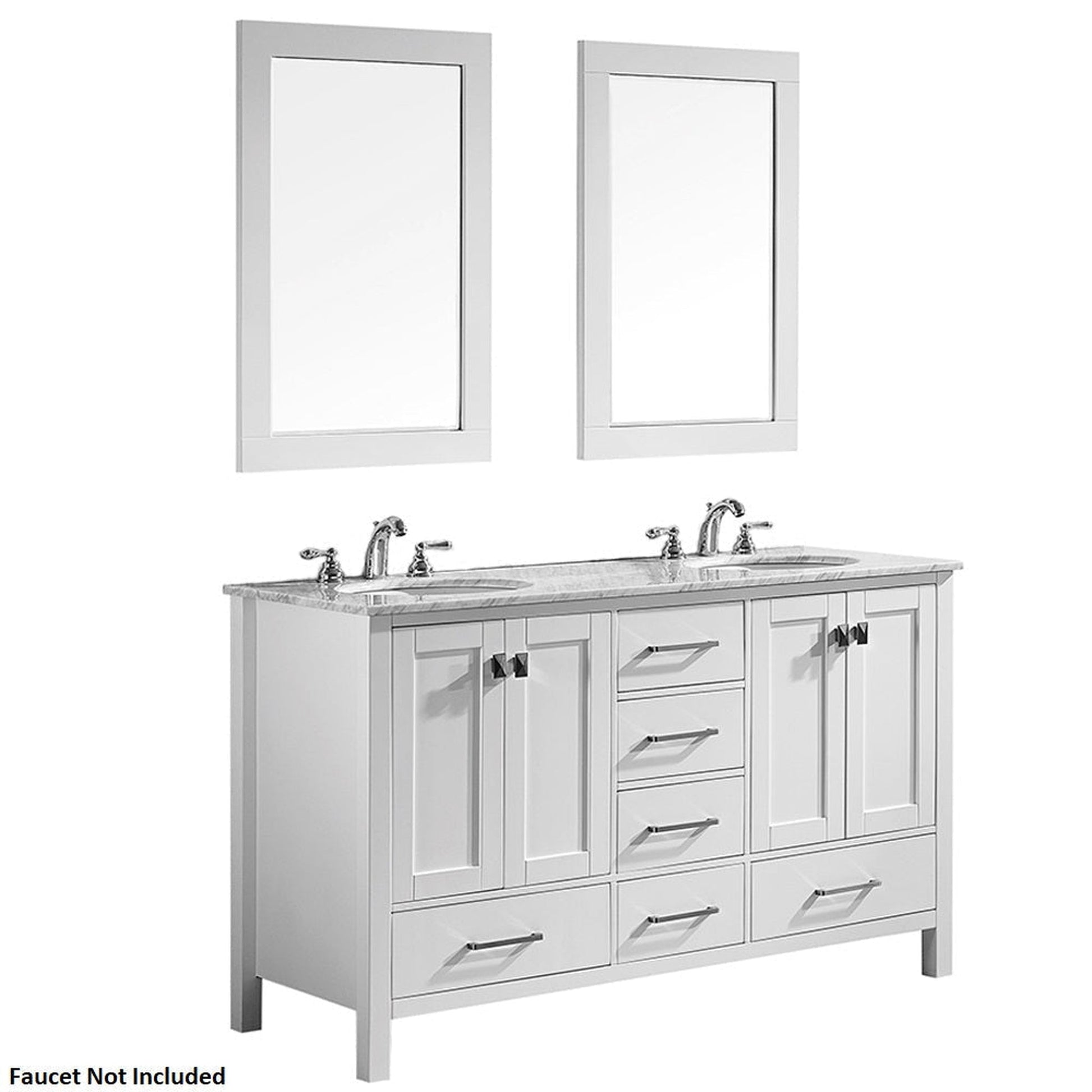 Vinnova Gela 60" White Freestanding Double Vanity Set In White Carrara Marble Top With Undermount Ceramic Sink and Mirror