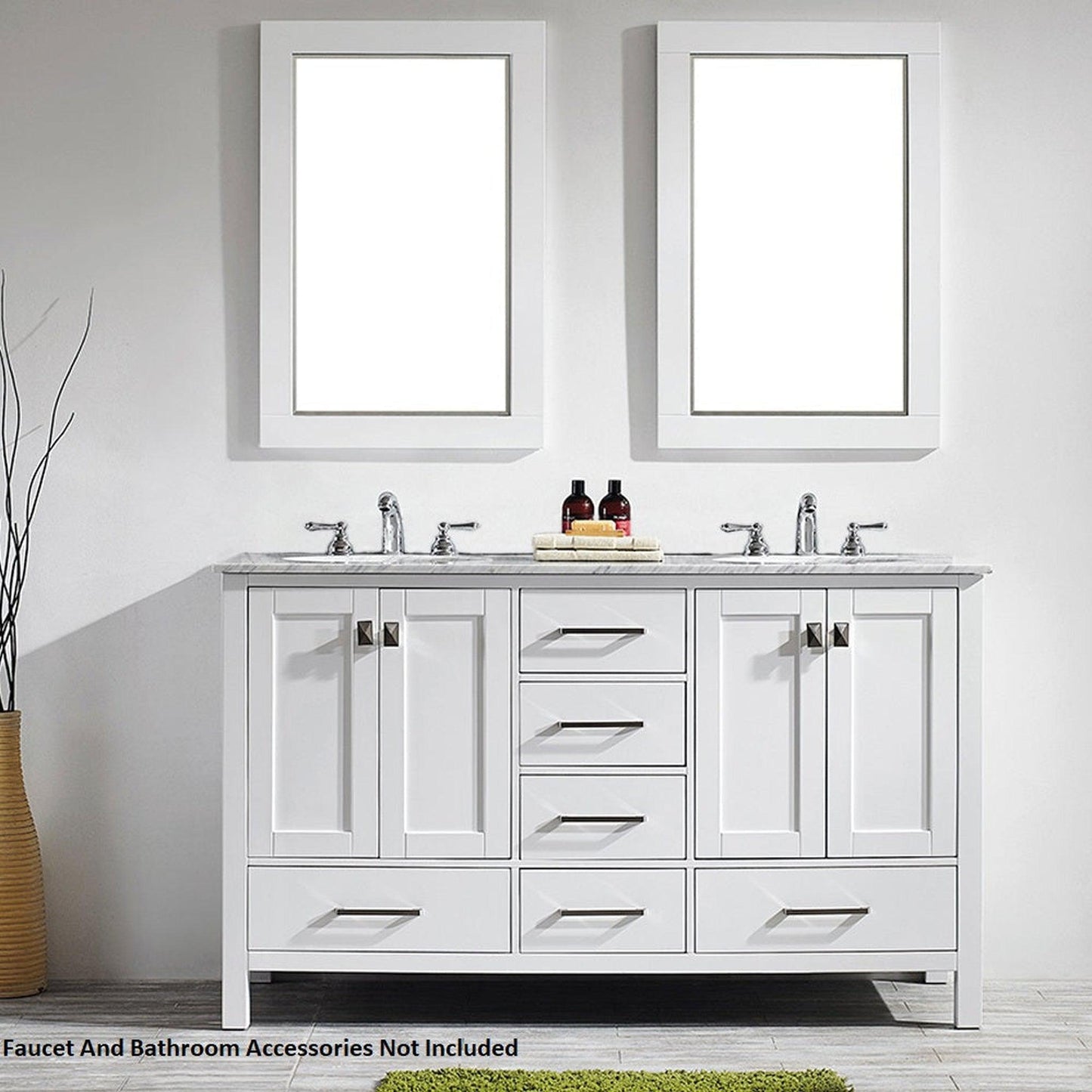 Vinnova Gela 60" White Freestanding Double Vanity Set In White Carrara Marble Top With Undermount Ceramic Sink and Mirror