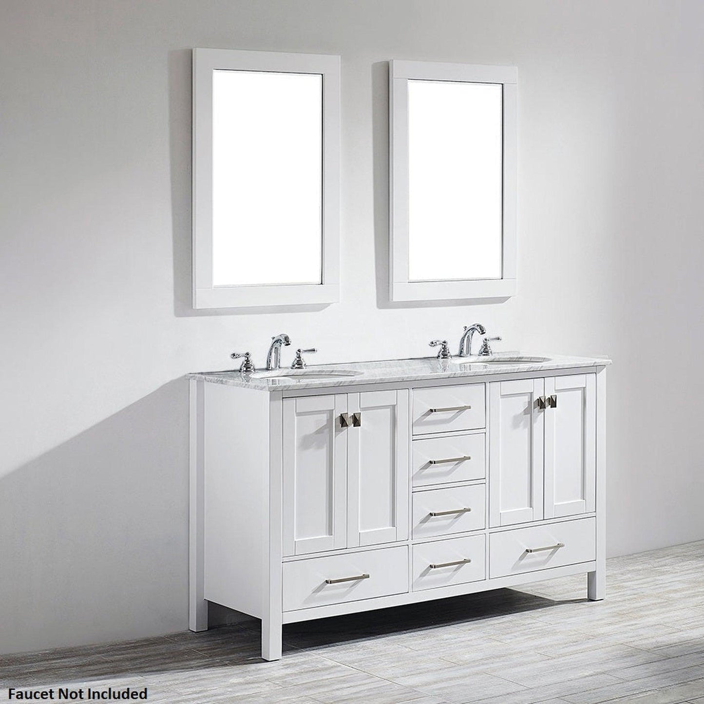 Vinnova Gela 60" White Freestanding Double Vanity Set In White Carrara Marble Top With Undermount Ceramic Sink and Mirror