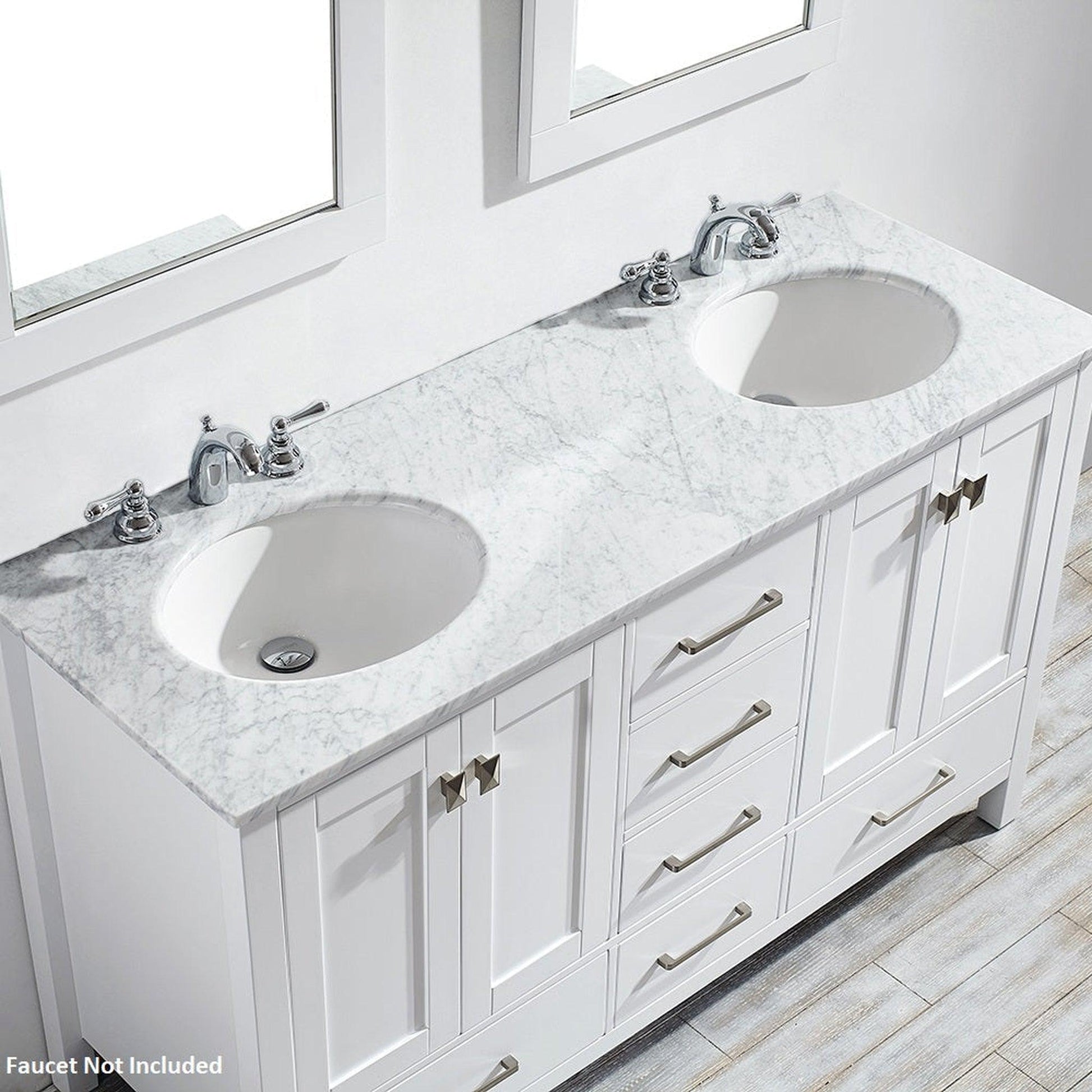 Vinnova Gela 60" White Freestanding Double Vanity Set In White Carrara Marble Top With Undermount Ceramic Sink and Mirror