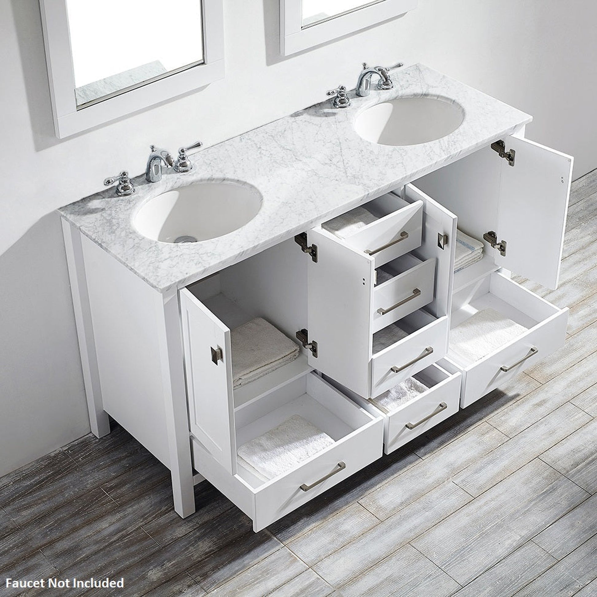 Vinnova Gela 60" White Freestanding Double Vanity Set In White Carrara Marble Top With Undermount Ceramic Sink and Mirror