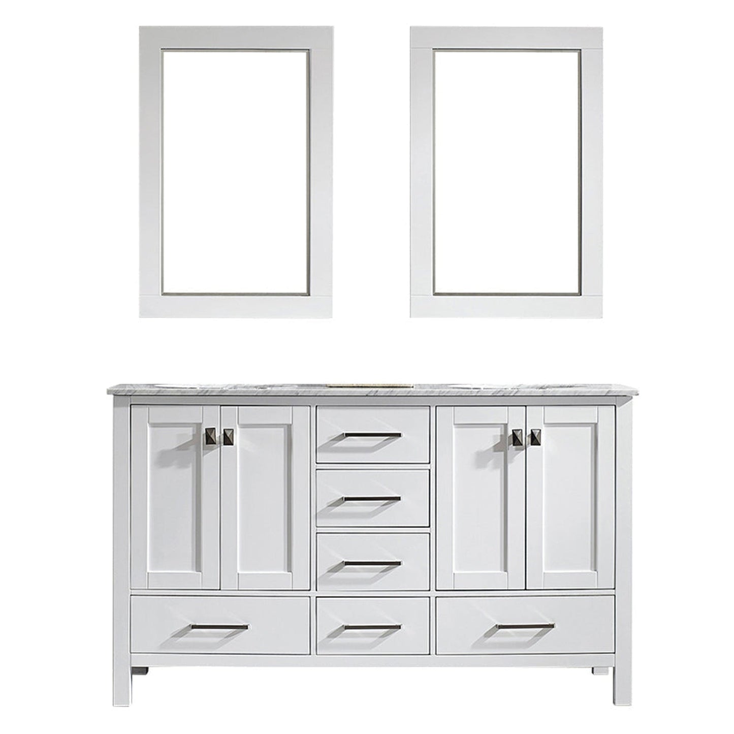 Vinnova Gela 60" White Freestanding Double Vanity Set In White Carrara Marble Top With Undermount Ceramic Sink and Mirror