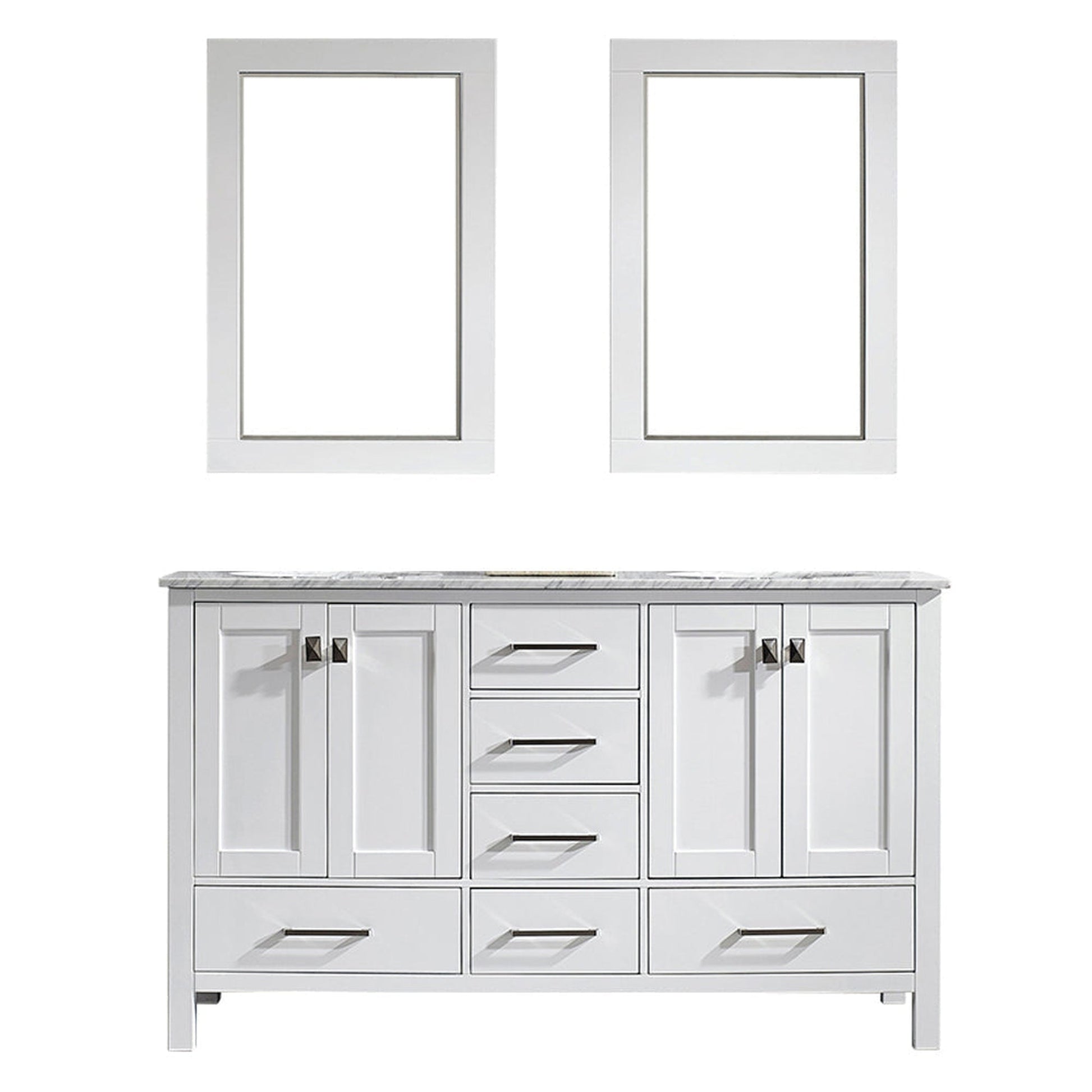 Vinnova Gela 60" White Freestanding Double Vanity Set In White Carrara Marble Top With Undermount Ceramic Sink and Mirror