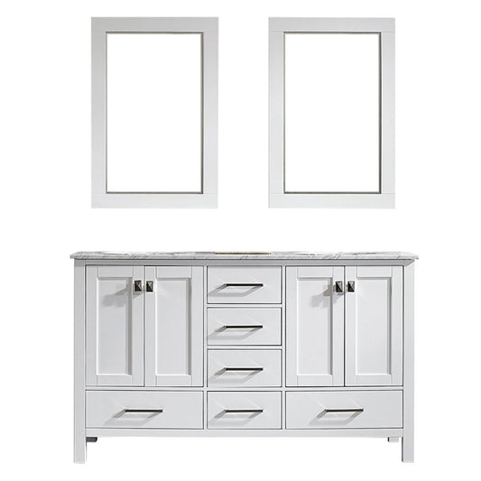 Vinnova Gela 60" White Freestanding Double Vanity Set In White Carrara Marble Top With Undermount Ceramic Sink and Mirror