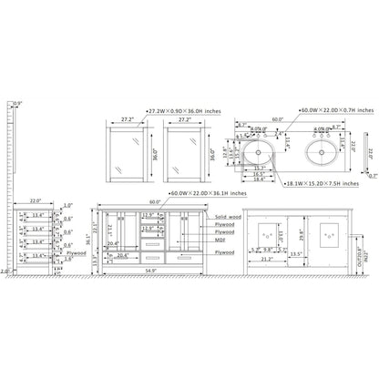 Vinnova Gela 60"Gray Freestanding Double Vanity Set In White Carrara Marble Top With Undermount Ceramic Sink