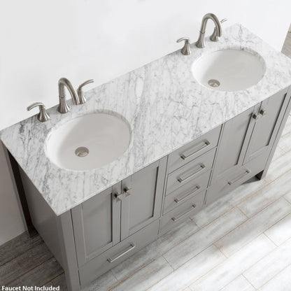 Vinnova Gela 60"Gray Freestanding Double Vanity Set In White Carrara Marble Top With Undermount Ceramic Sink