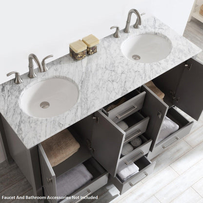 Vinnova Gela 60"Gray Freestanding Double Vanity Set In White Carrara Marble Top With Undermount Ceramic Sink