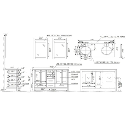 Vinnova Gela 72" Gray Freestanding Double Vanity Set In White Carrara Marble Top With Undermount Ceramic Sink and Mirror