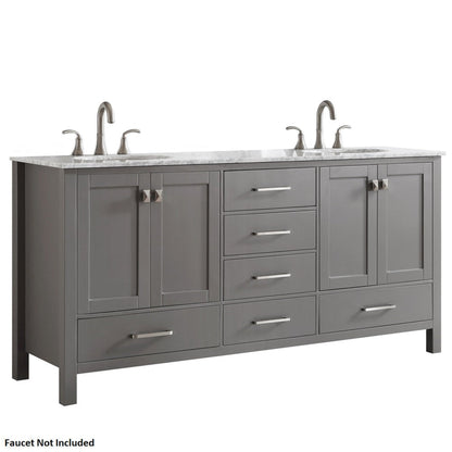 Vinnova Gela 72" Gray Freestanding Double Vanity Set In White Carrara Marble Top With Undermount Ceramic Sink