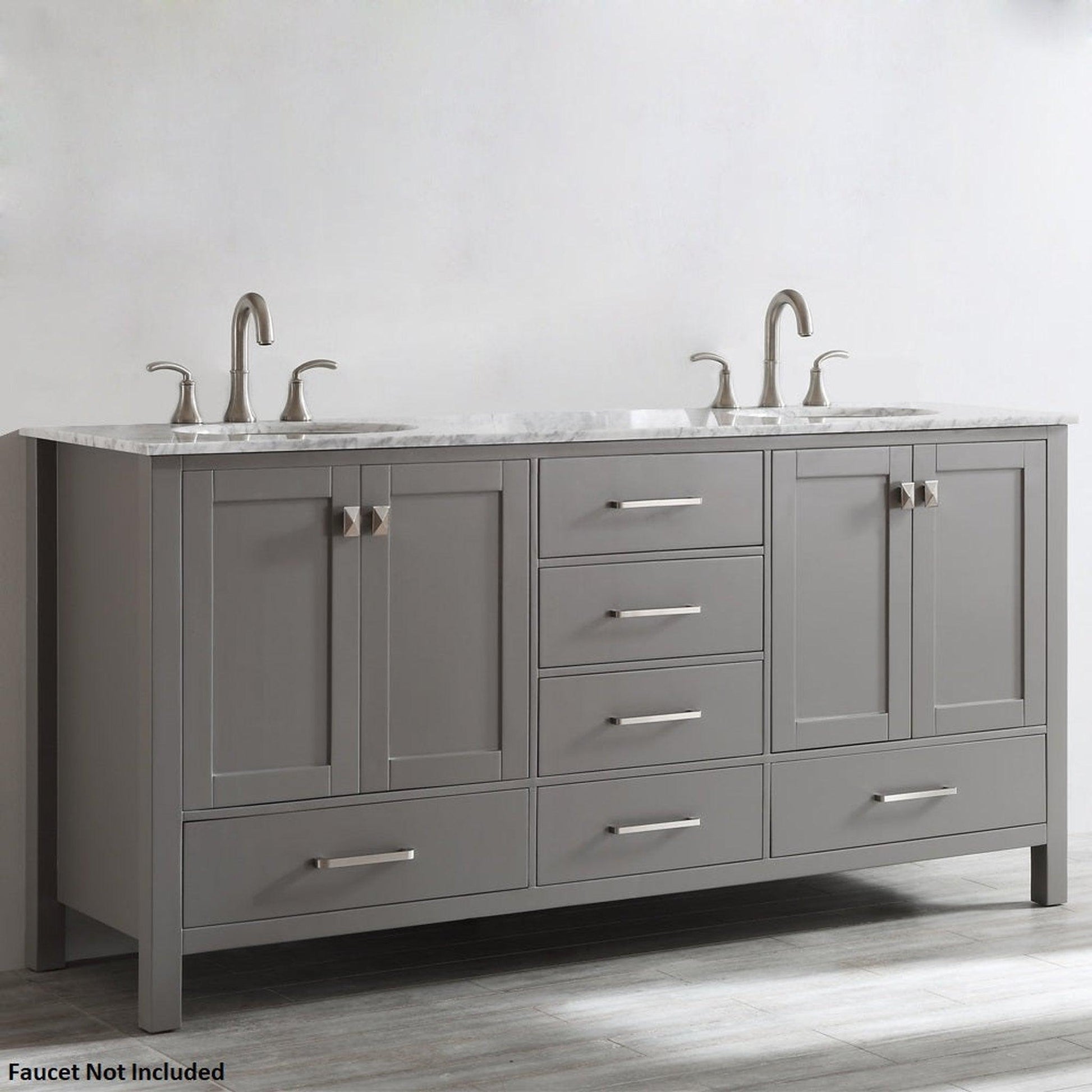 Vinnova Gela 72" Gray Freestanding Double Vanity Set In White Carrara Marble Top With Undermount Ceramic Sink