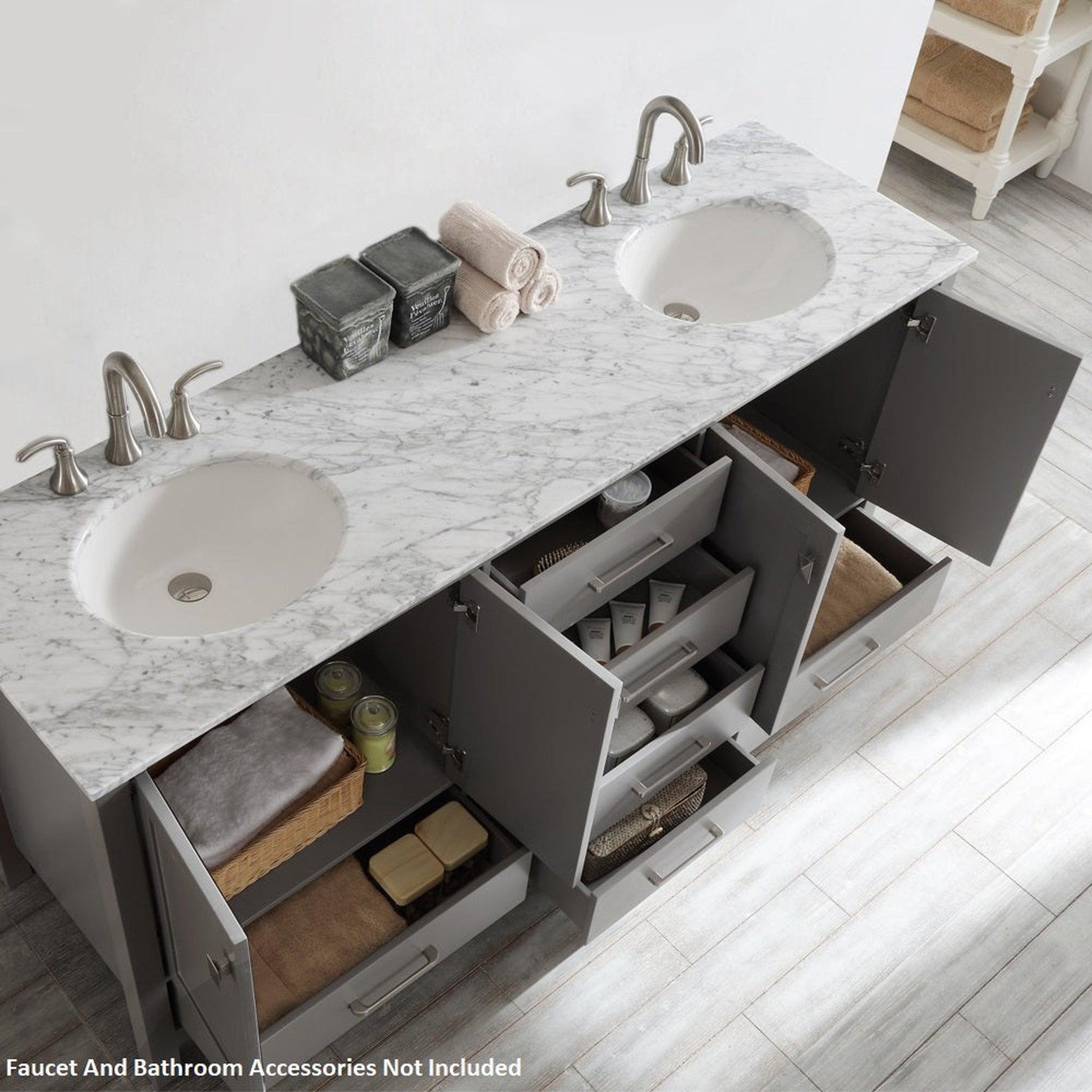 Vinnova Gela 72" Gray Freestanding Double Vanity Set In White Carrara Marble Top With Undermount Ceramic Sink