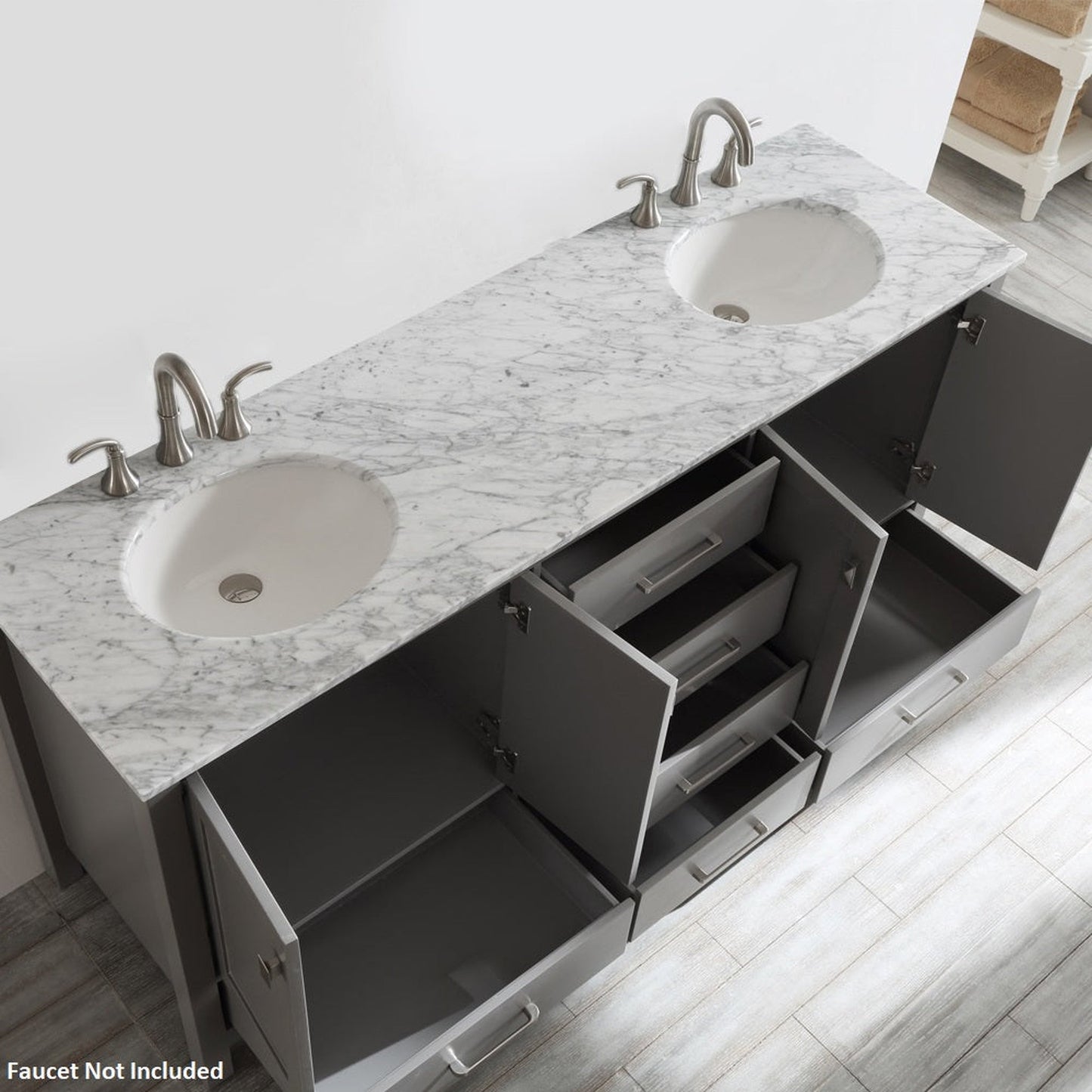 Vinnova Gela 72" Gray Freestanding Double Vanity Set In White Carrara Marble Top With Undermount Ceramic Sink