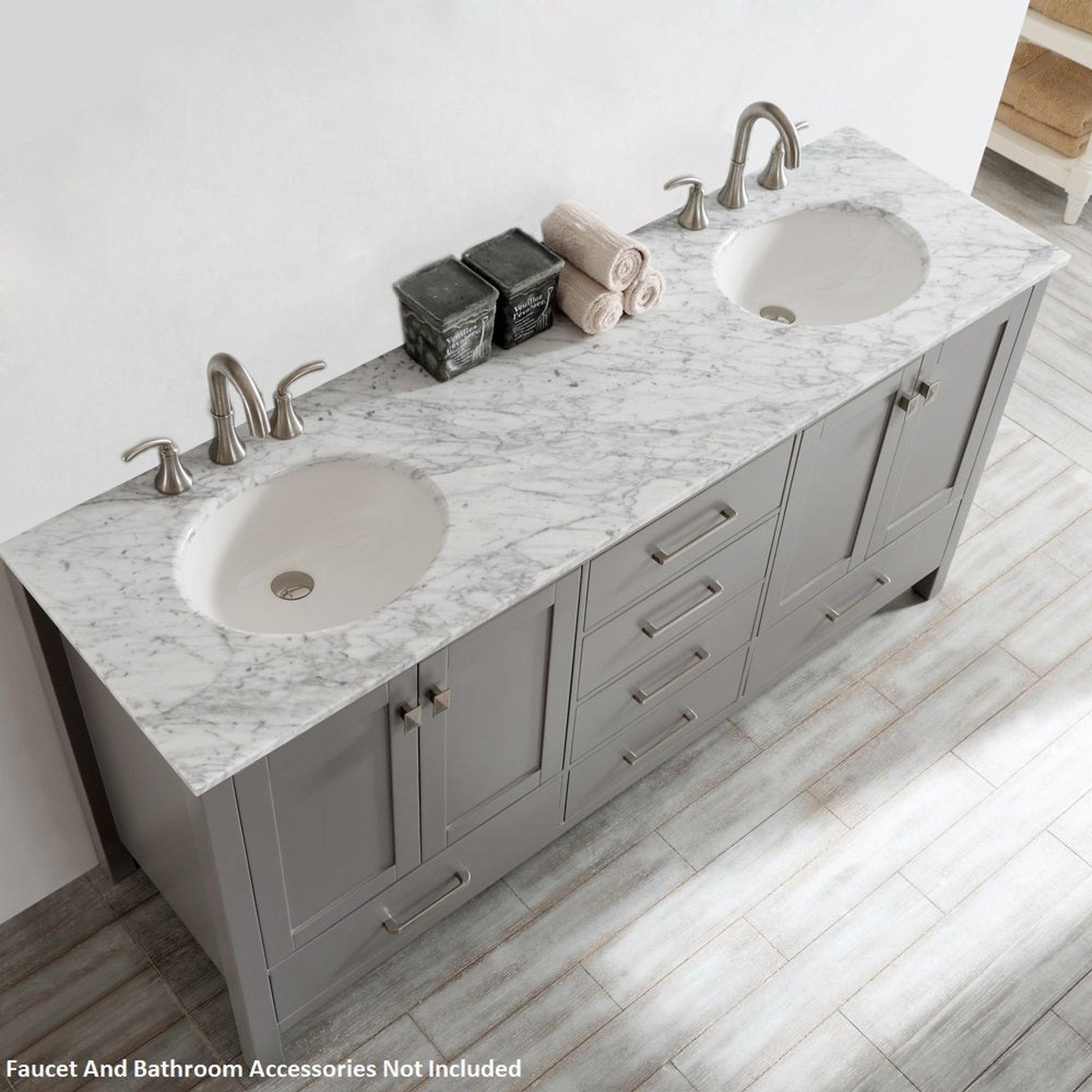 Vinnova Gela 72" Gray Freestanding Double Vanity Set In White Carrara Marble Top With Undermount Ceramic Sink