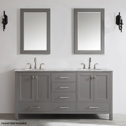 Vinnova Gela 72" Gray Freestanding Double Vanity Set In White Carrara Marble Top With Undermount Ceramic Sink and Mirror