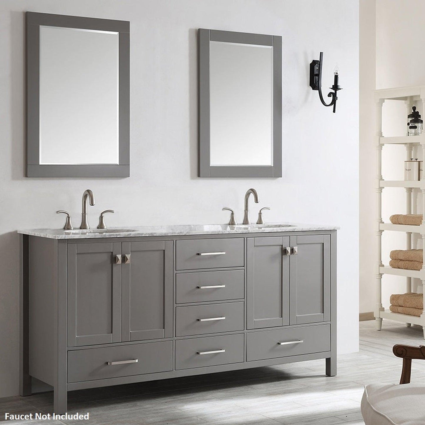 Vinnova Gela 72" Gray Freestanding Double Vanity Set In White Carrara Marble Top With Undermount Ceramic Sink and Mirror