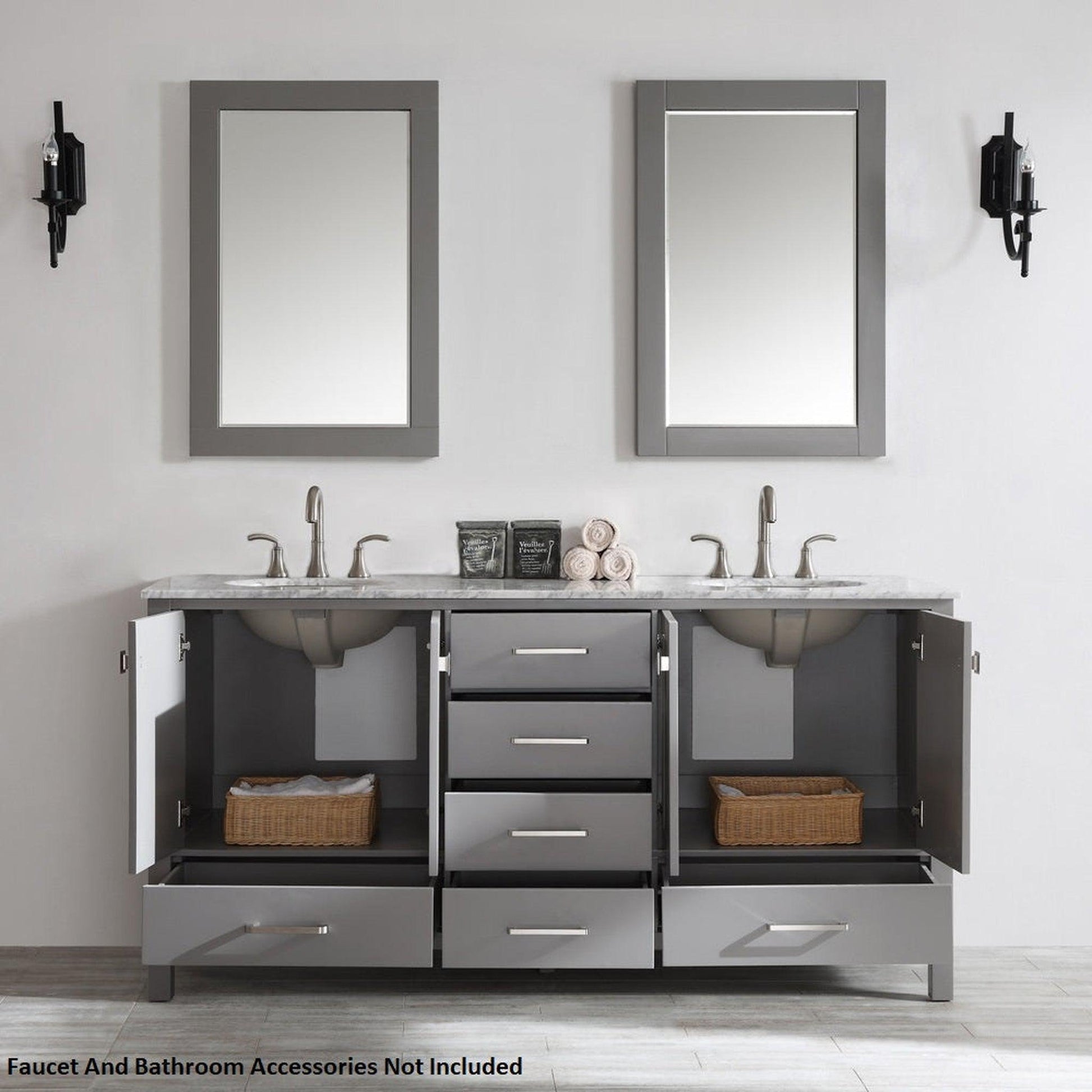 Vinnova Gela 72" Gray Freestanding Double Vanity Set In White Carrara Marble Top With Undermount Ceramic Sink and Mirror