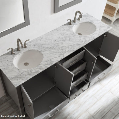 Vinnova Gela 72" Gray Freestanding Double Vanity Set In White Carrara Marble Top With Undermount Ceramic Sink and Mirror