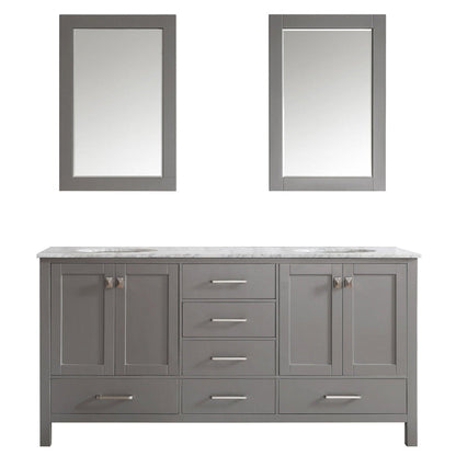 Vinnova Gela 72" Gray Freestanding Double Vanity Set In White Carrara Marble Top With Undermount Ceramic Sink and Mirror