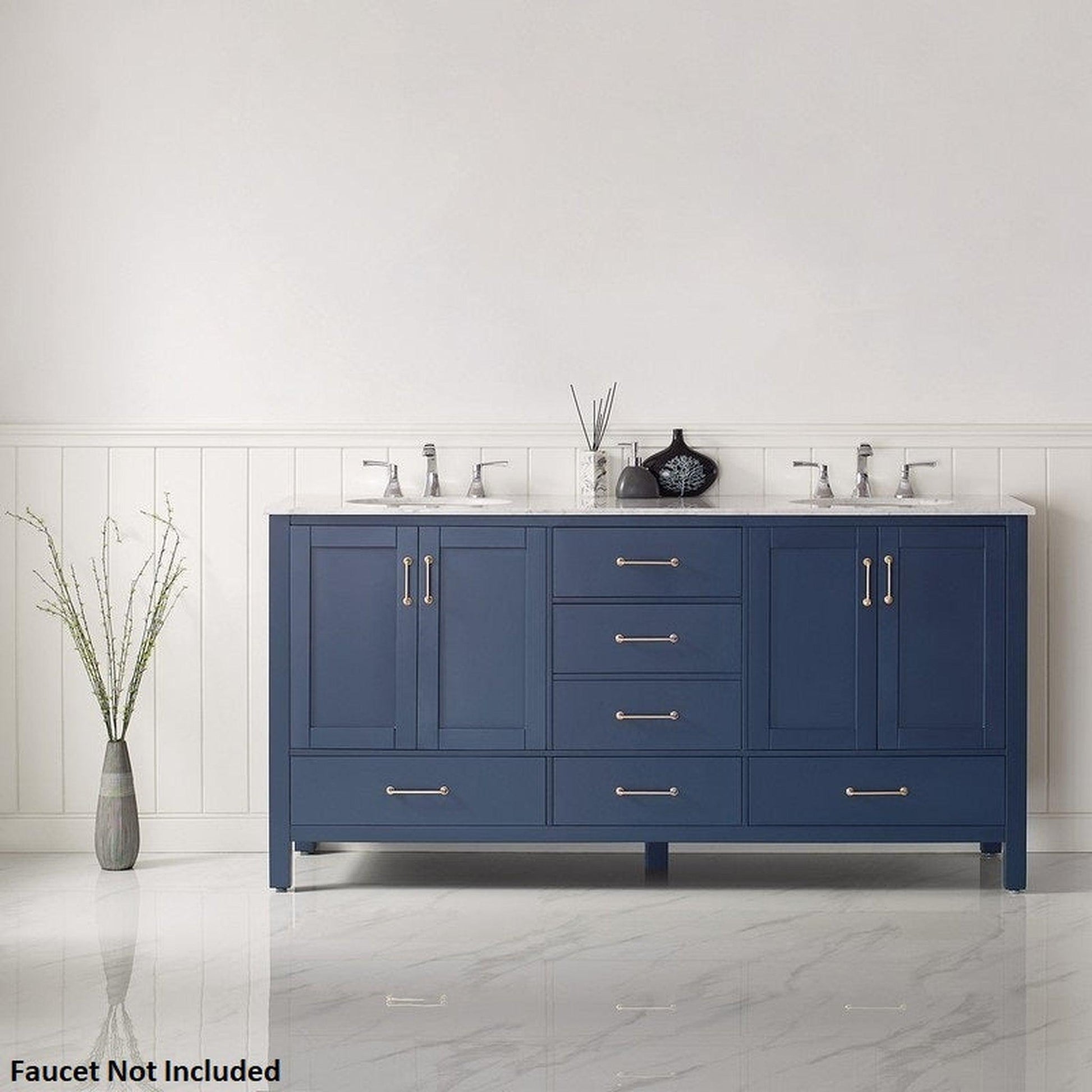 Vinnova Gela 72" Royal Blue Freestanding Double Vanity Set In White Carrara Marble Top With Undermount Ceramic Sink