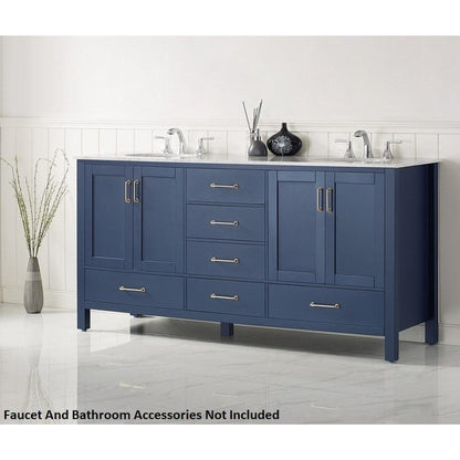 Vinnova Gela 72" Royal Blue Freestanding Double Vanity Set In White Carrara Marble Top With Undermount Ceramic Sink