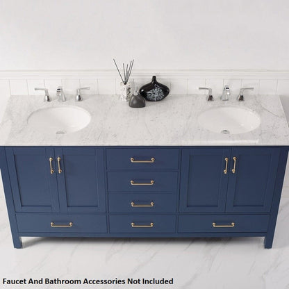 Vinnova Gela 72" Royal Blue Freestanding Double Vanity Set In White Carrara Marble Top With Undermount Ceramic Sink