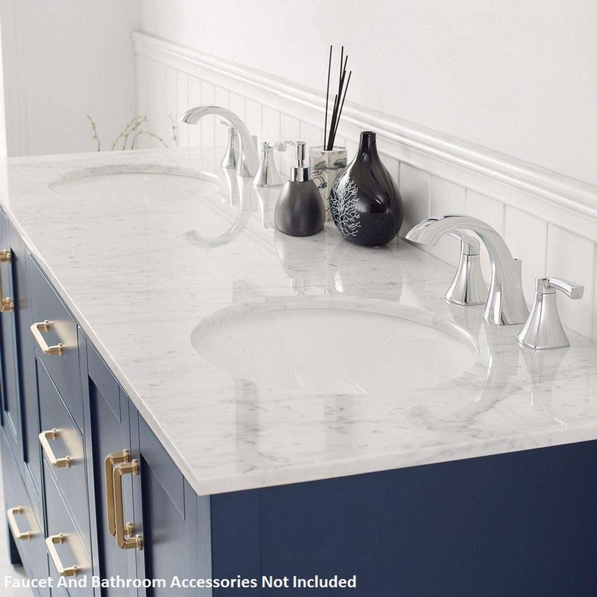 Vinnova Gela 72" Royal Blue Freestanding Double Vanity Set In White Carrara Marble Top With Undermount Ceramic Sink