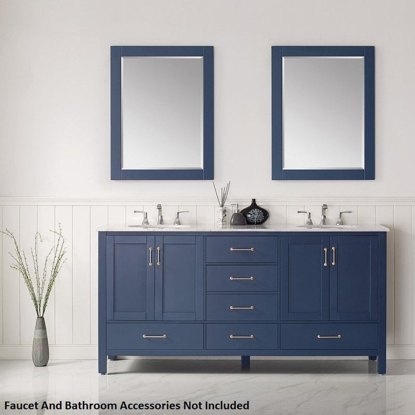 Vinnova Gela 72" Royal Blue Freestanding Double Vanity Set In White Carrara Marble Top With Undermount Ceramic Sink and Mirror