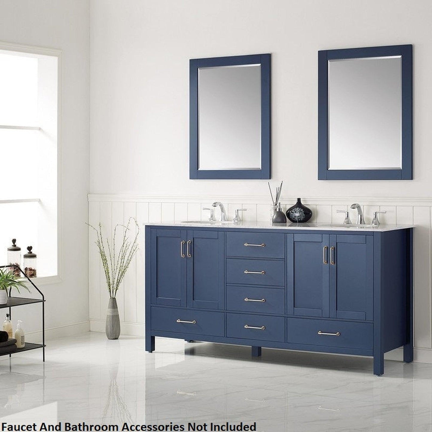 Vinnova Gela 72" Royal Blue Freestanding Double Vanity Set In White Carrara Marble Top With Undermount Ceramic Sink and Mirror