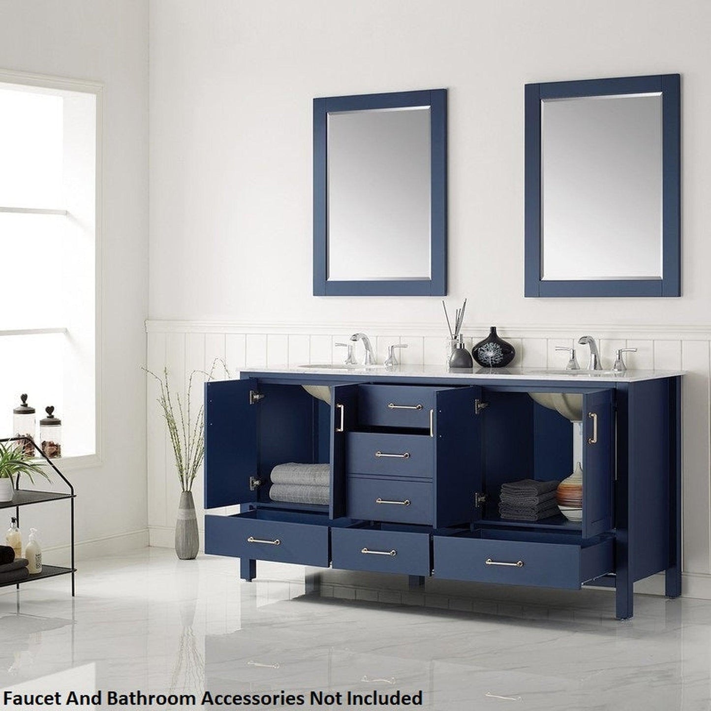 Vinnova Gela 72" Royal Blue Freestanding Double Vanity Set In White Carrara Marble Top With Undermount Ceramic Sink and Mirror