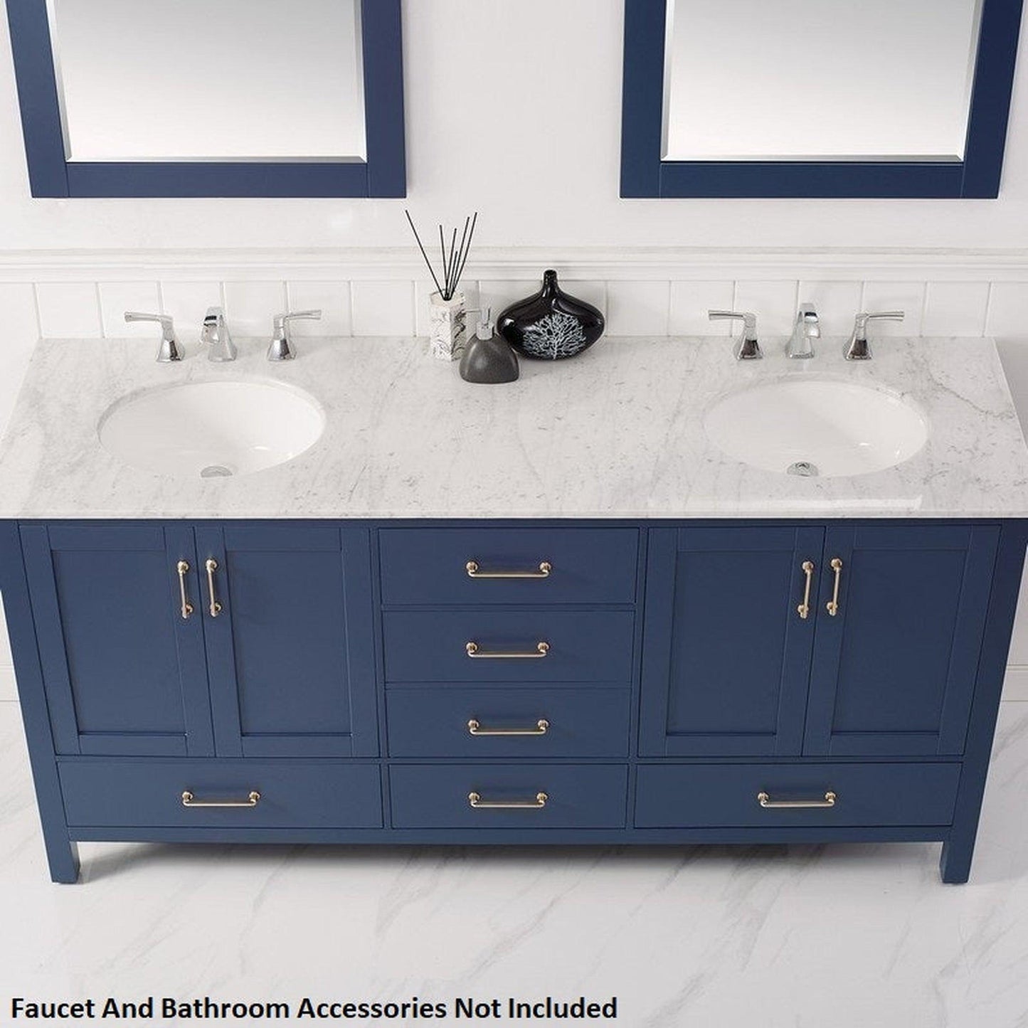 Vinnova Gela 72" Royal Blue Freestanding Double Vanity Set In White Carrara Marble Top With Undermount Ceramic Sink and Mirror