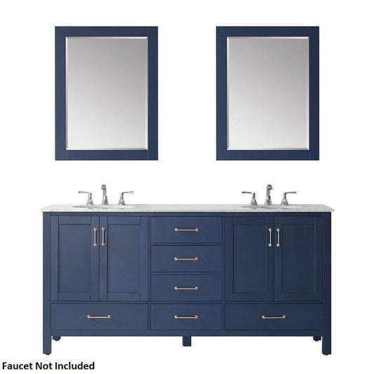 Vinnova Gela 72" Royal Blue Freestanding Double Vanity Set In White Carrara Marble Top With Undermount Ceramic Sink and Mirror