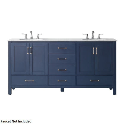 Vinnova Gela 72" Royal Blue Freestanding Double Vanity Set In White Carrara Marble Top With Undermount Ceramic Sink