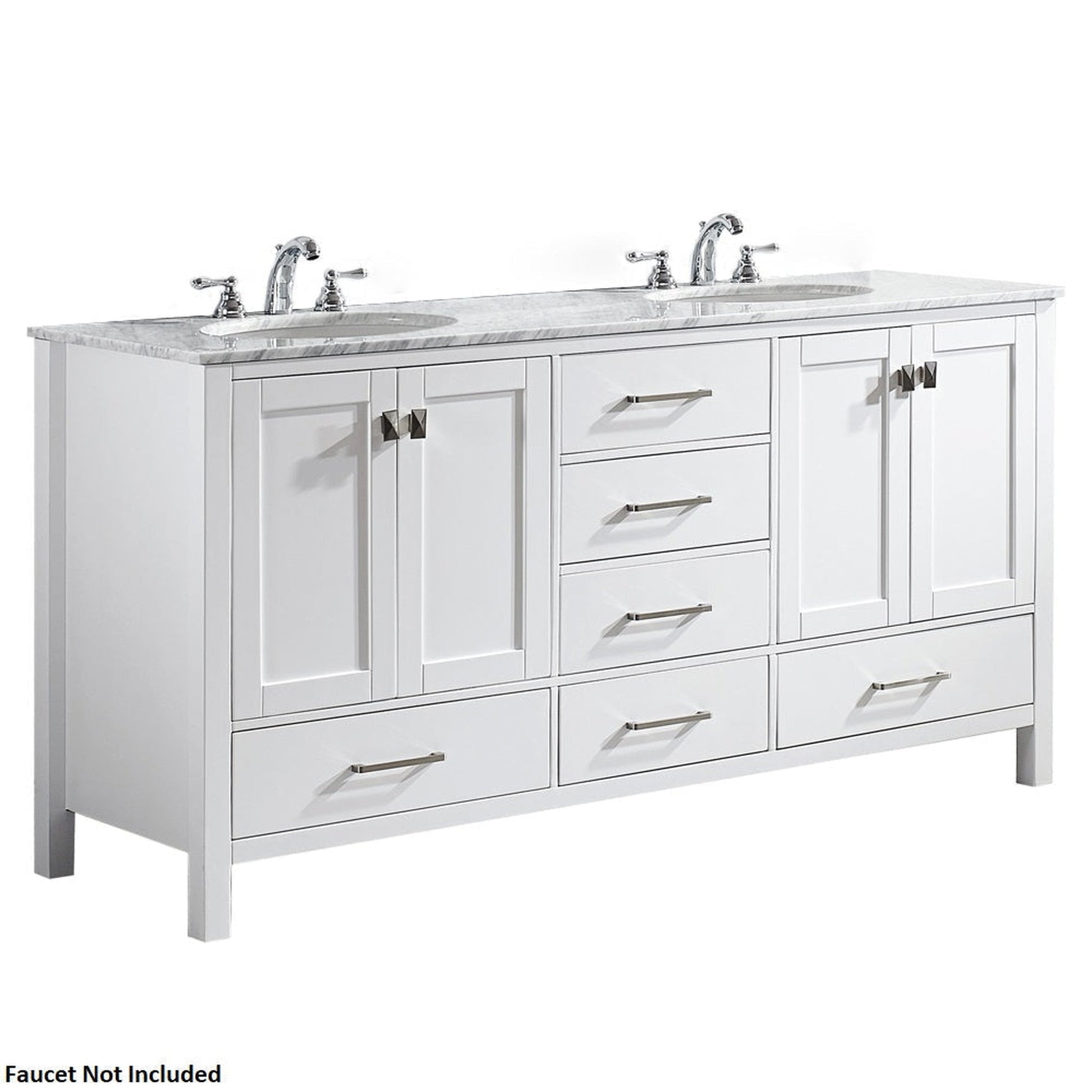 Vinnova Gela 72" White Freestanding Double Vanity Set In White Carrara Marble Top With Undermount Ceramic Sink