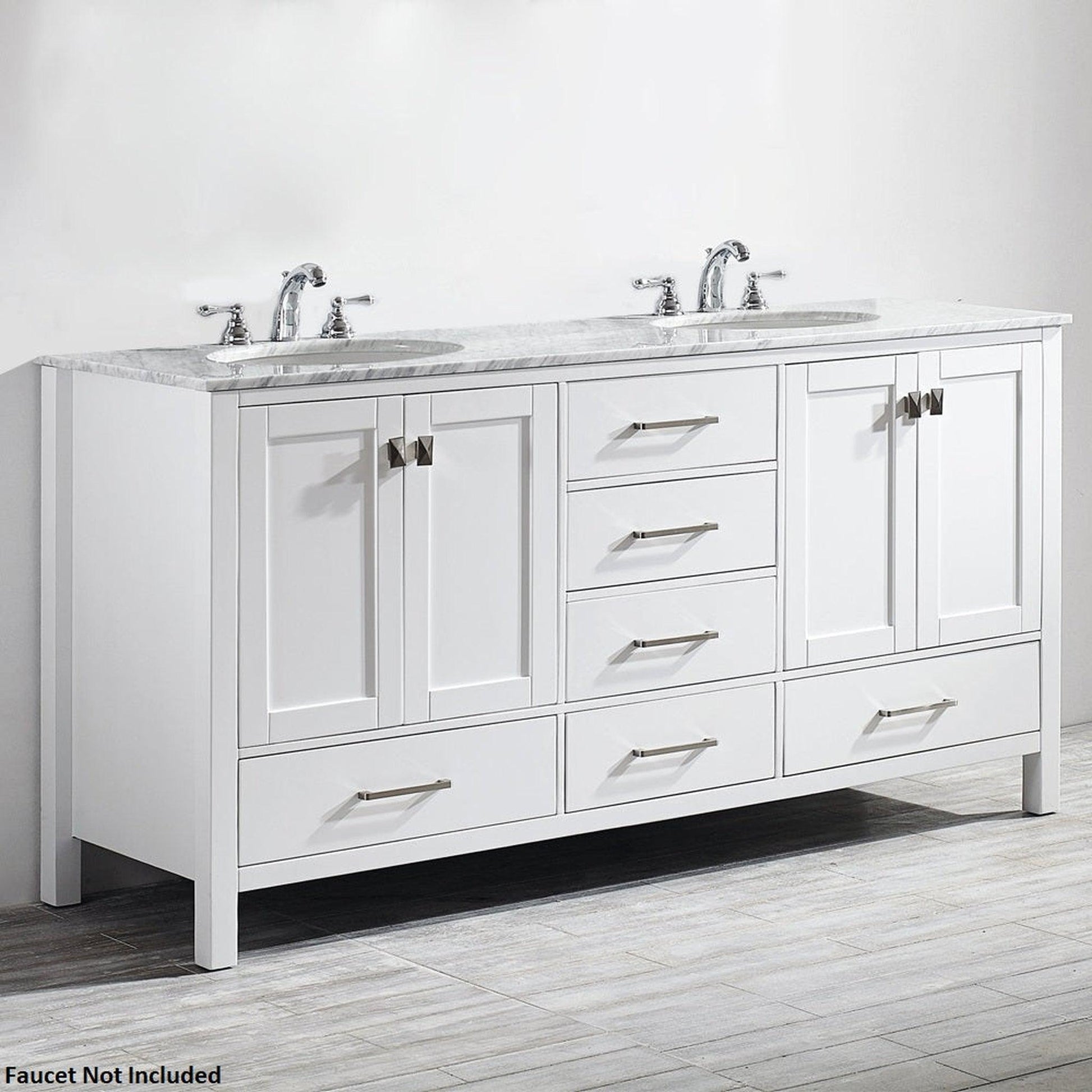 Vinnova Gela 72" White Freestanding Double Vanity Set In White Carrara Marble Top With Undermount Ceramic Sink