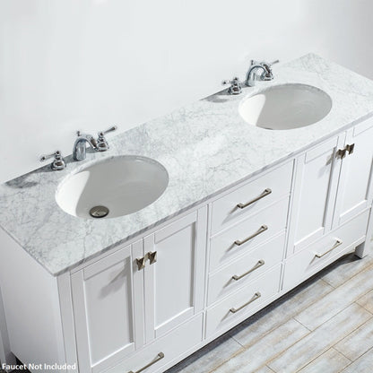 Vinnova Gela 72" White Freestanding Double Vanity Set In White Carrara Marble Top With Undermount Ceramic Sink