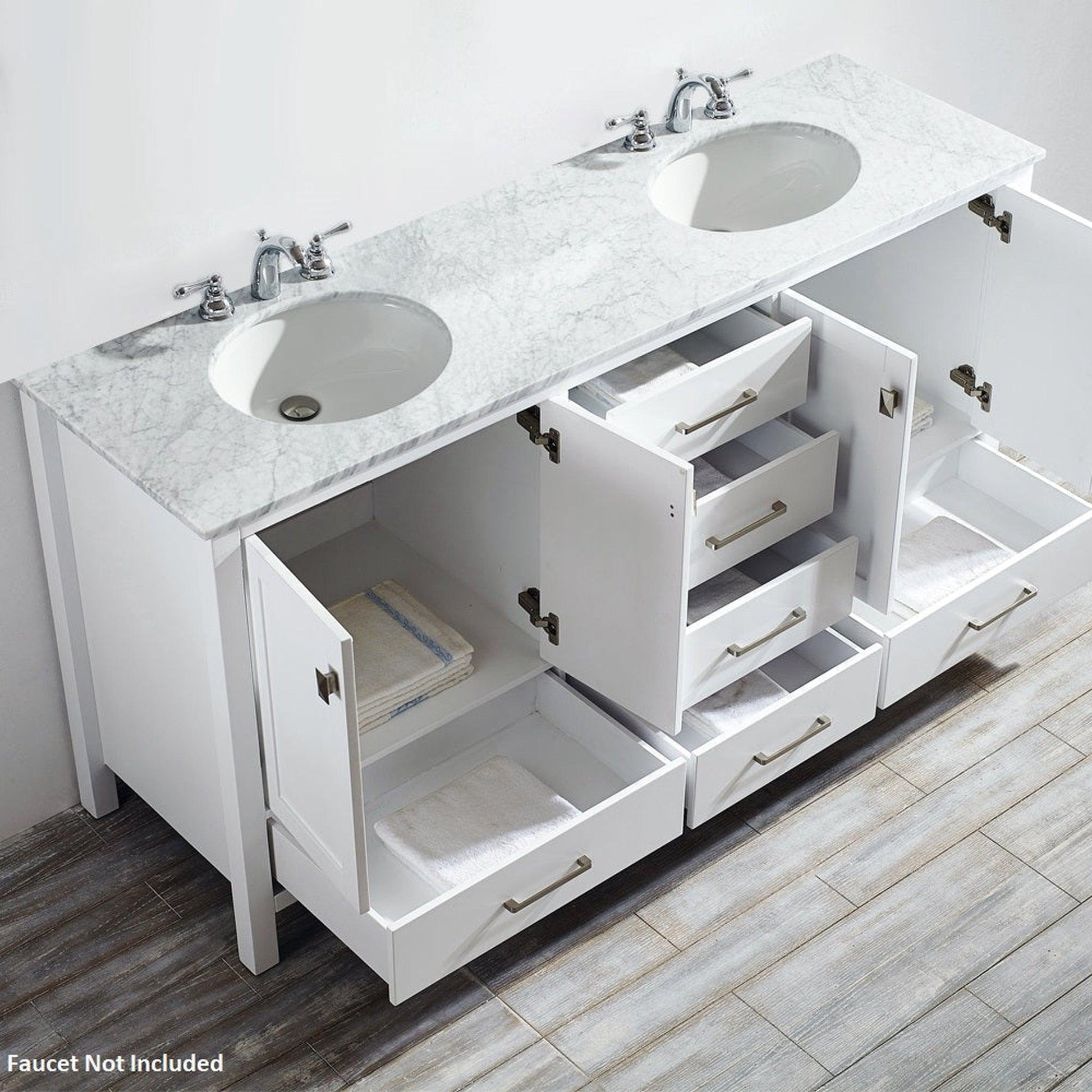 Vinnova Gela 72" White Freestanding Double Vanity Set In White Carrara Marble Top With Undermount Ceramic Sink
