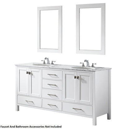 Vinnova Gela 72" White Freestanding Double Vanity Set In White Carrara Marble Top With Undermount Ceramic Sink and Mirror