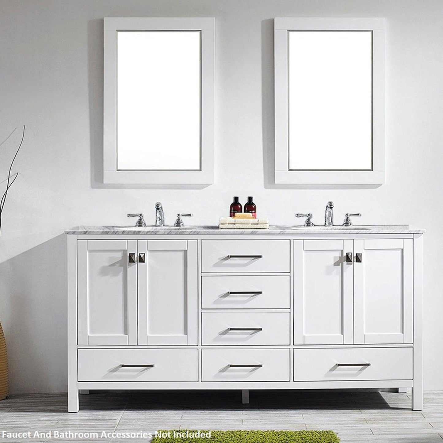 Vinnova Gela 72" White Freestanding Double Vanity Set In White Carrara Marble Top With Undermount Ceramic Sink and Mirror