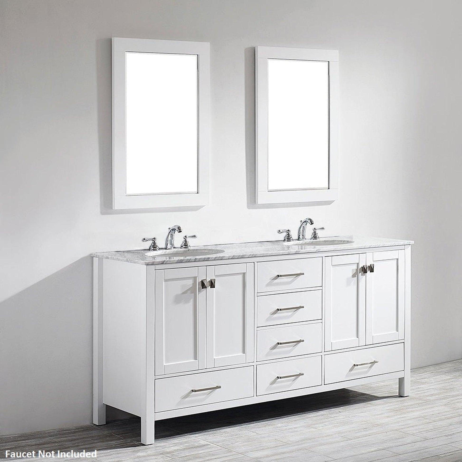 Vinnova Gela 72" White Freestanding Double Vanity Set In White Carrara Marble Top With Undermount Ceramic Sink and Mirror