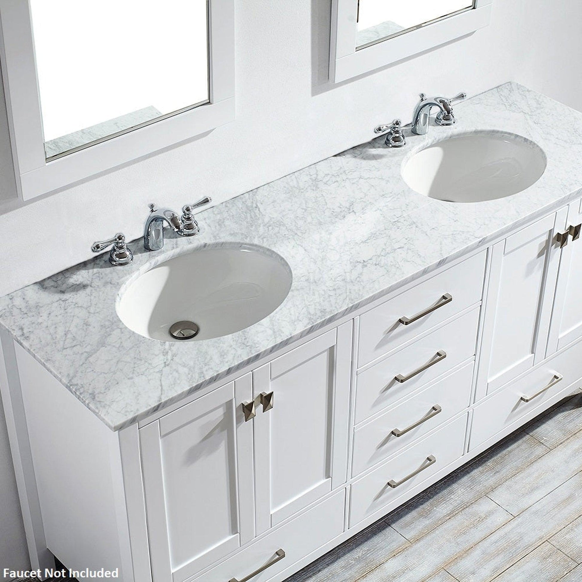 Vinnova Gela 72" White Freestanding Double Vanity Set In White Carrara Marble Top With Undermount Ceramic Sink and Mirror