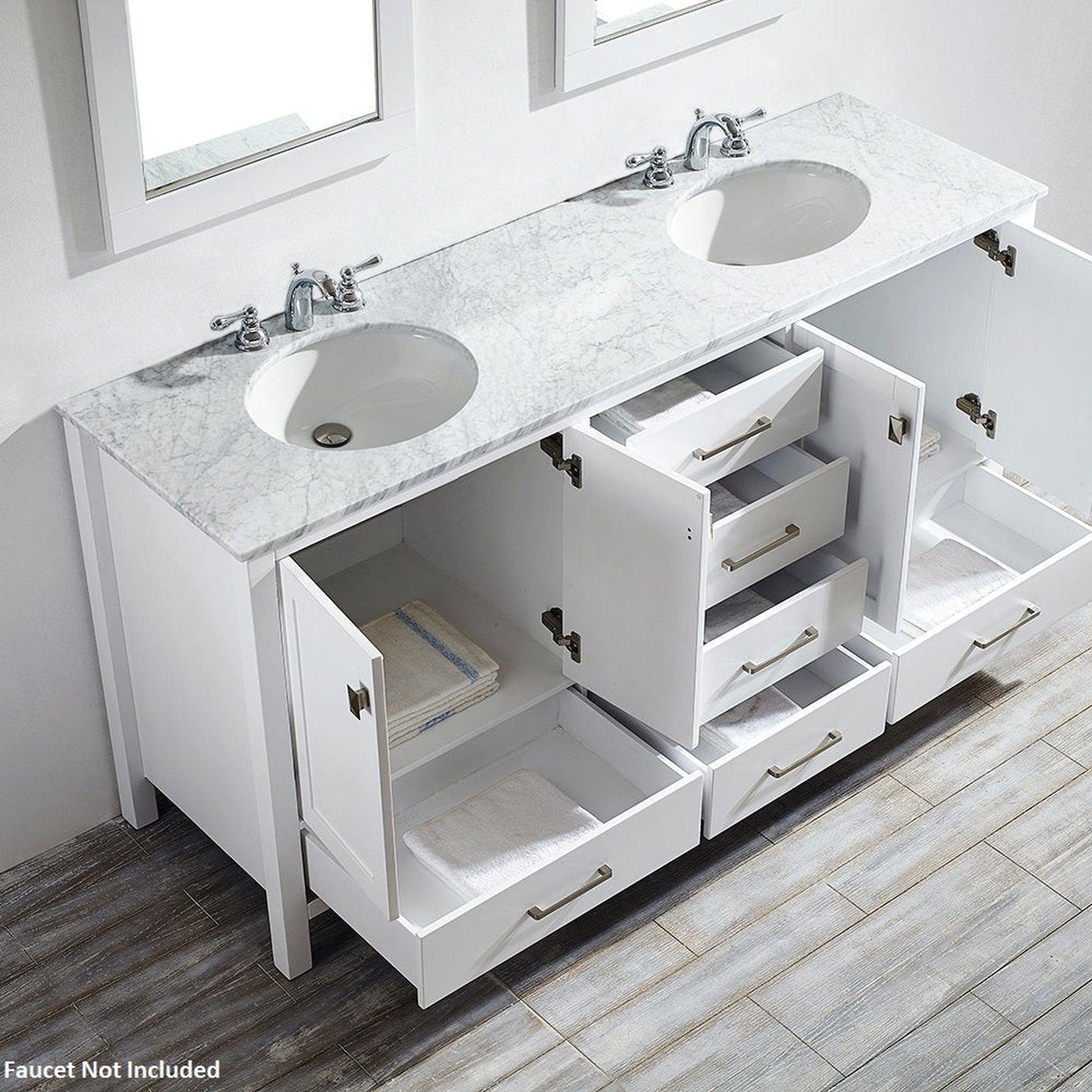 Vinnova Gela 72" White Freestanding Double Vanity Set In White Carrara Marble Top With Undermount Ceramic Sink and Mirror