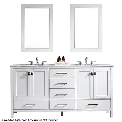 Vinnova Gela 72" White Freestanding Double Vanity Set In White Carrara Marble Top With Undermount Ceramic Sink and Mirror