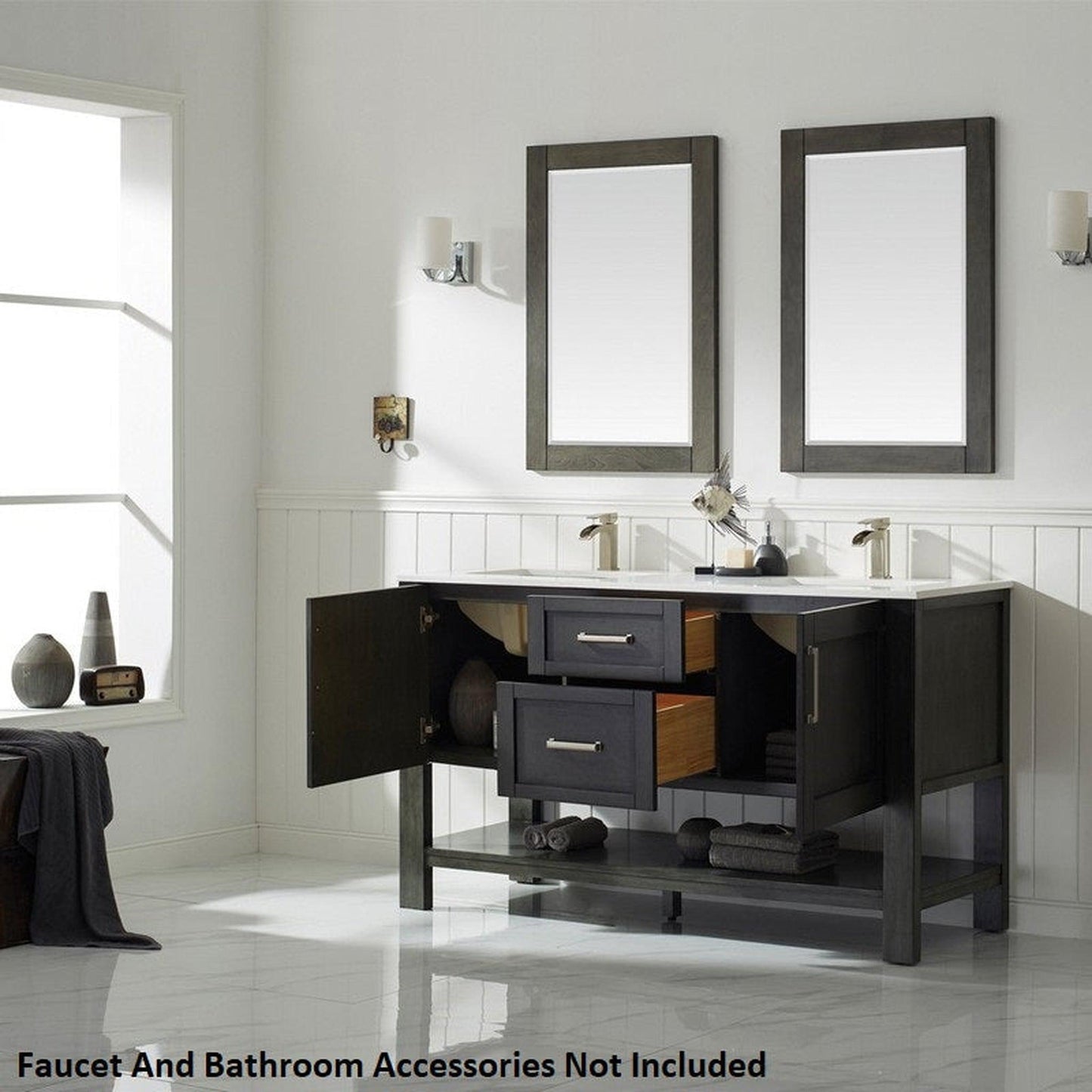 Vinnova Grayson 60" x 22" Rust Black Freestanding Double Vanity Set With White Carrara Composite Stone Countertop And Mirror