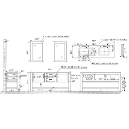 Vinnova Grayson 72" x 22" White Freestanding Double Vanity Set With White Carrara Composite Stone Countertop And Mirror