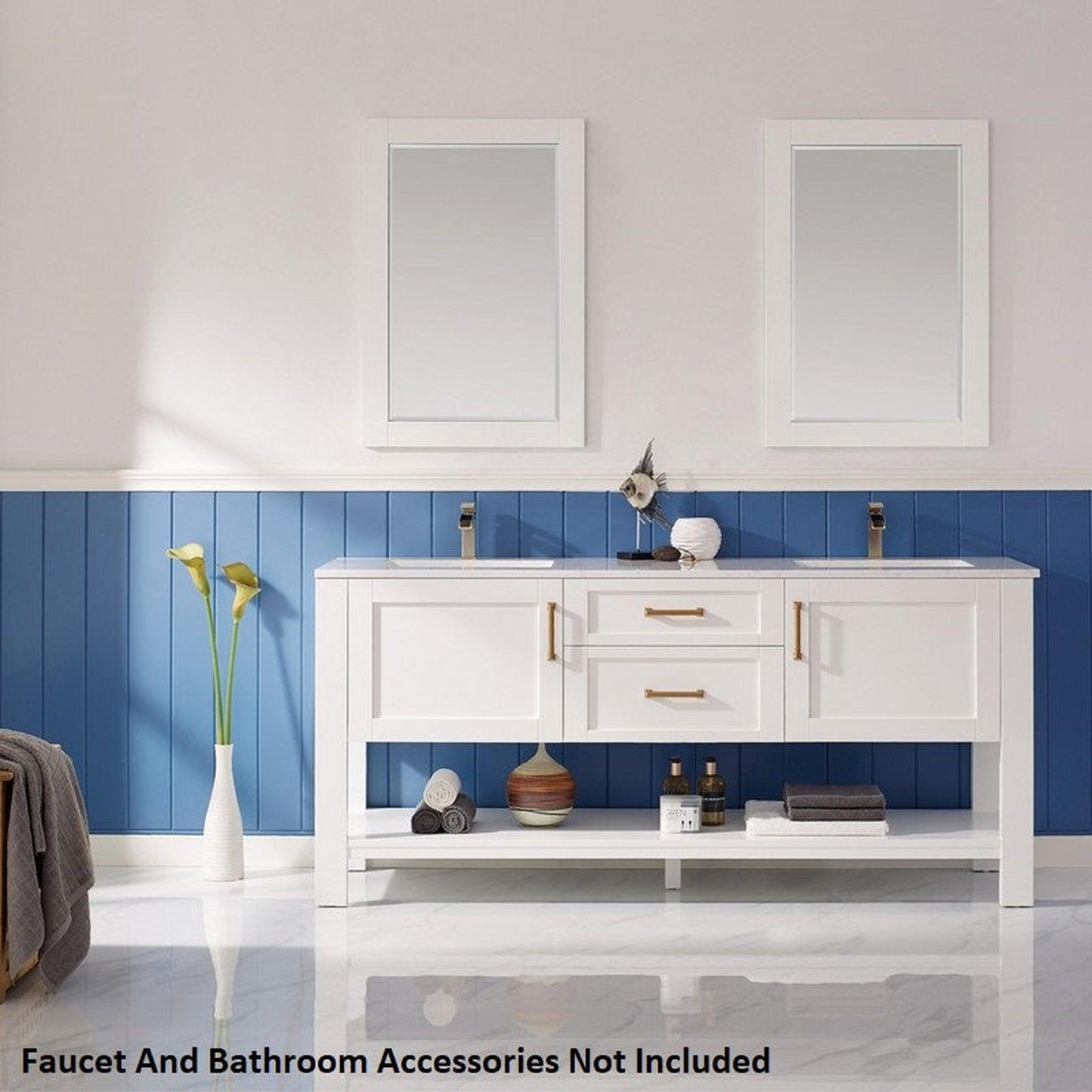Vinnova Grayson 72" x 22" White Freestanding Double Vanity Set With White Carrara Composite Stone Countertop And Mirror