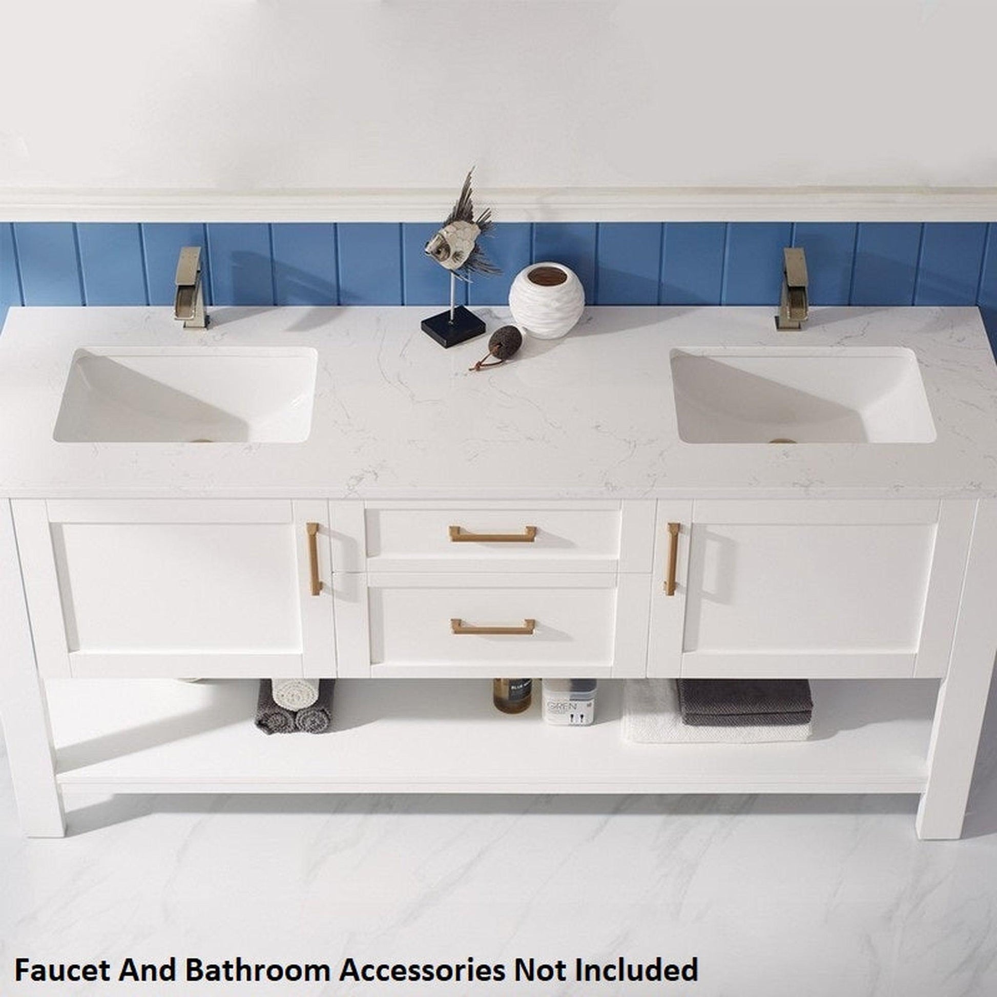 Vinnova Grayson 72" x 22" White Freestanding Double Vanity Set With White Carrara Composite Stone Countertop And Mirror