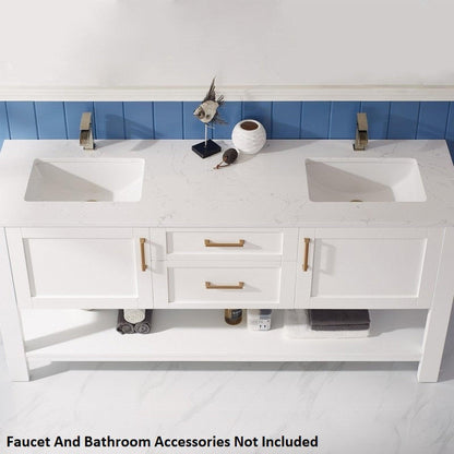 Vinnova Grayson 72" x 22" White Freestanding Double Vanity Set With White Carrara Composite Stone Countertop And Mirror