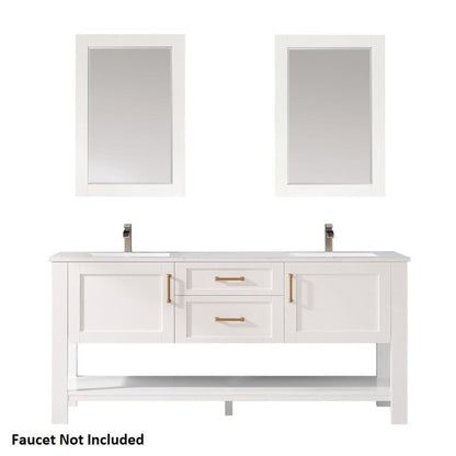 Vinnova Grayson 72" x 22" White Freestanding Double Vanity Set With White Carrara Composite Stone Countertop And Mirror