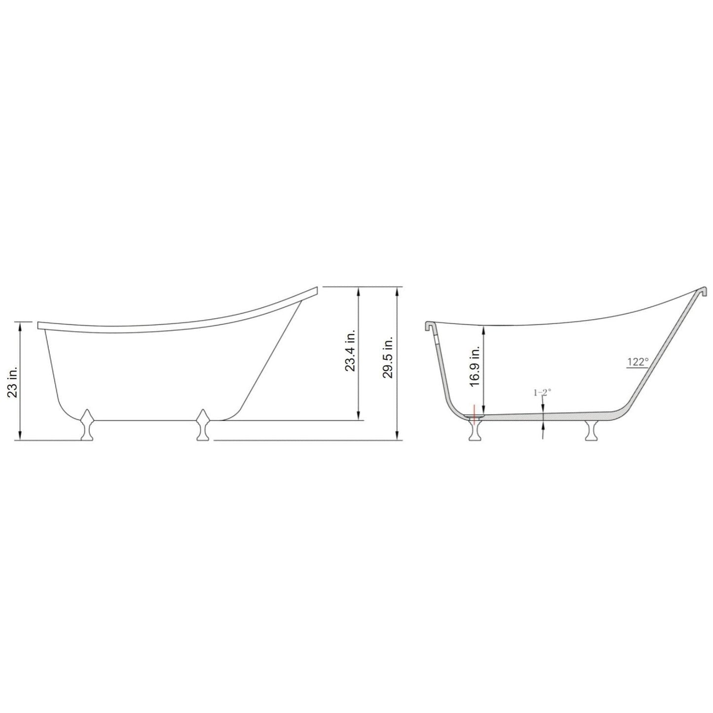 Vinnova Jacqueline 69" x 30" White Oval Freestanding Single Slipper Soaking Clawfoot Acrylic Bathtub