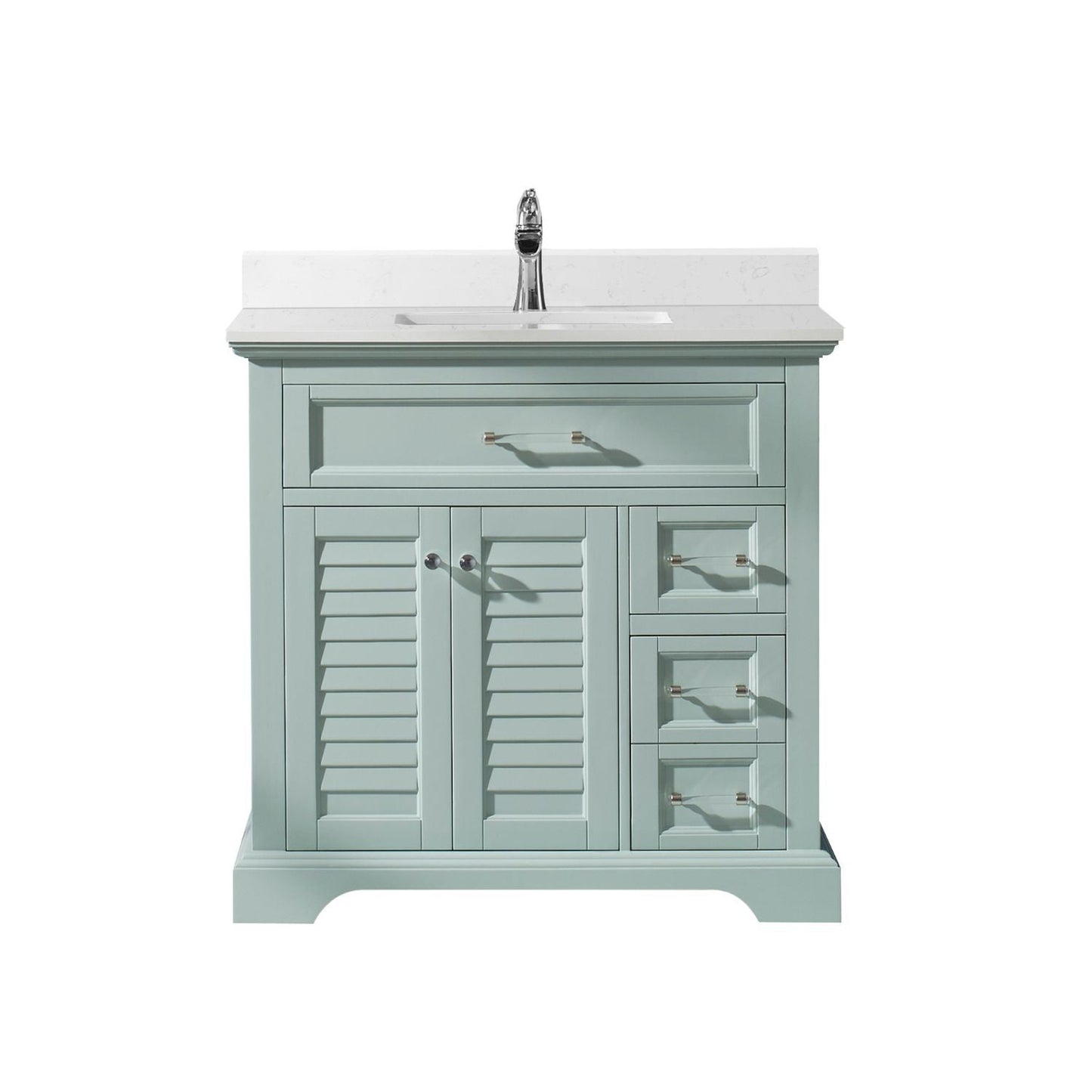 Vinnova Lorna 36" Finnish Green Freestanding Single Vanity Set In White Carrara Composite Stone Top With Undermount Ceramic Sink and Mirror